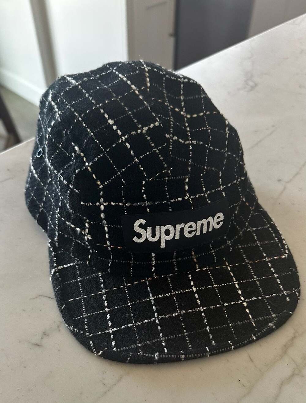 Supreme Boucle Camp Cap Black White FW18 Grid 5-Panel